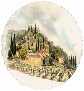 Aquarelle d'un village provençal perché, ses toits de tuiles et cyprès élancés surplombant un vignoble luxuriant sous un ciel nuageux.