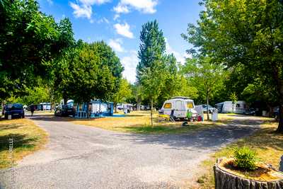Camping verdoyant avec caravanes et tentes sous des arbres ombragés par une belle journée ensoleillée.