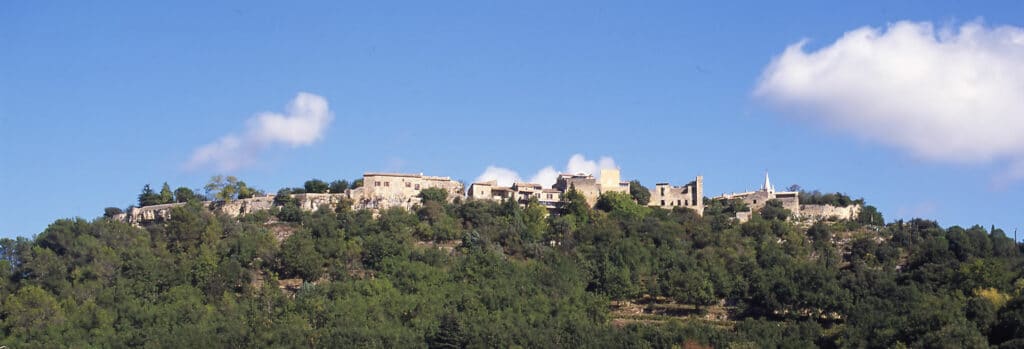 Village médiéval en pierre perché sur une colline boisée sous un ciel bleu d'été en Provence.